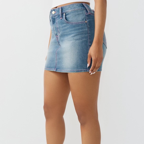 True Religion Blue Denim Mini Skirt with Pink Stitching - Picture 6 of 6